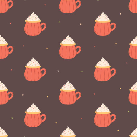 Hot creamy drink in pumpkin mug seamless pattern. Autumn aesthetic. Vector illustration in flat styleのイラスト素材