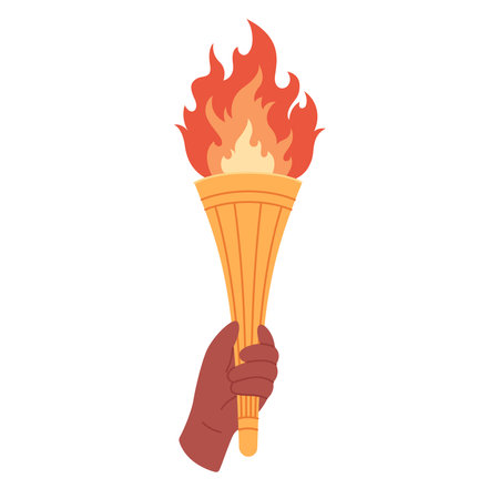 Burning torch with flame in hand. Symbol of competition victory, champion. Vector illustration in flat styleのイラスト素材