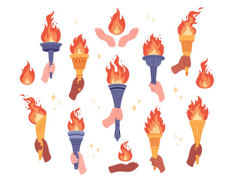 Set of burning torches with flame in hands. Symbol of competition victory, champion. Vector illustration in flat styleのイラスト素材