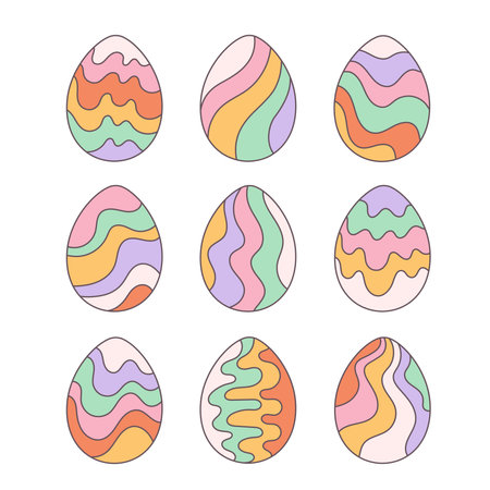 Trendy groovy Easter eggs in retro style. Happy Easter. Vector illustration in flat styleのイラスト素材