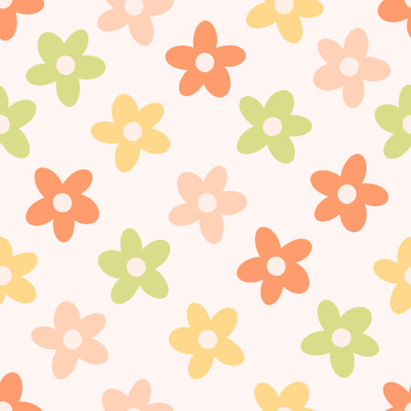 Seamless pattern with abstract retro aesthetic daisy flowers. Vintage floral art prints. Hippie 60s, 70s, 80s style. Vector illustration in flat styleのイラスト素材