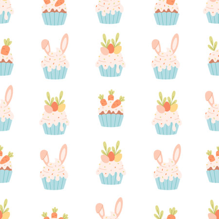 Seamless pattern with sweet Easter cupcakes. Easter seamless pattern. Vector illustration in flat styleのイラスト素材