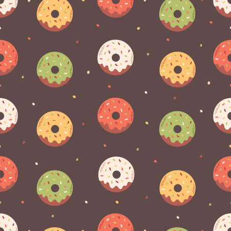 Cute donuts seamless pattern. Sweets, pastries, bakery products. Printing on textiles, wallpaper, wrapping paper. Vector illustration in flat styleのイラスト素材