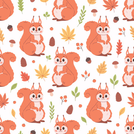 Cute squirrel seamless pattern. Print for textiles, wallpaper, wrapping paper. Woodland animal, fluffy rodent. Autumn leaves and plants. Vector illustration in flat styleのイラスト素材