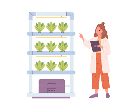 Hydroponics technology for plants growing. Vertical farming. Scientist or biologist grows plants in hydroponic farm. Smart farm. Vector illustration in flat styleのイラスト素材