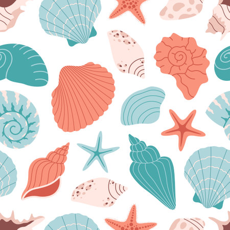 Seamless pattern with sea shells, mollusks, sea snails. Tropical beach shells. Summer seamless pattern. Vector illustration in flat styleのイラスト素材