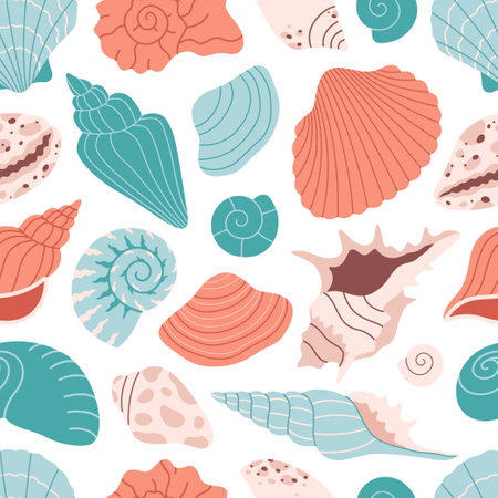 Seamless pattern with sea shells, mollusks, sea snails. Tropical beach shells. Summer seamless pattern. Vector illustration in flat styleのイラスト素材