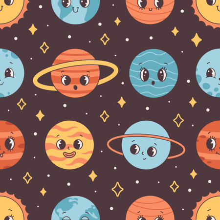 Seamless pattern with planets, stars and space. Trendy groovy cartoon planet characters. Vector illustration in flat styleのイラスト素材
