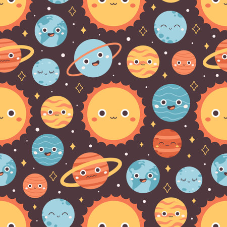 Seamless pattern with Solar System and space. Trendy groovy cartoon planet characters. Vector illustration in flat styleのイラスト素材
