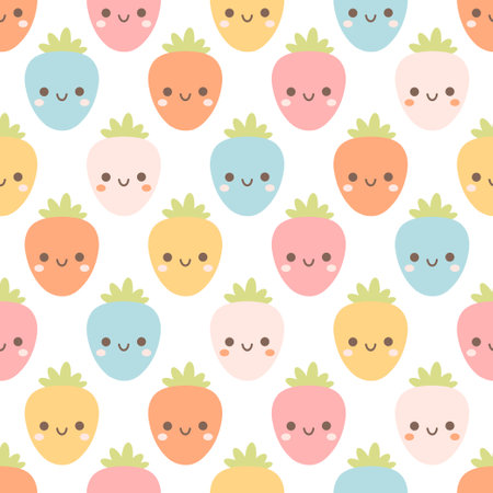 Seamless pattern with cute cartoon strawberry characters. Fruit seamless pattern. Vector illustration in flat styleのイラスト素材