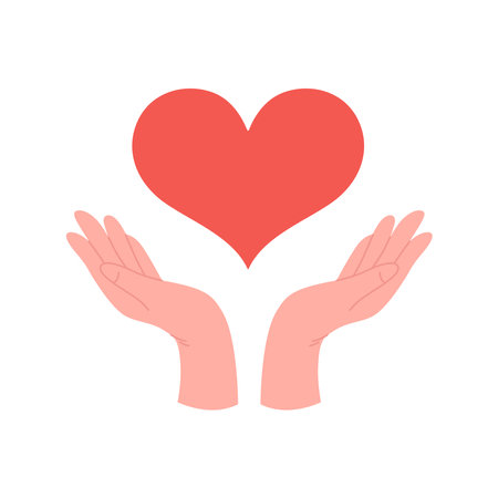 Two hands hold red heart. Concept of love, charity, philanthropy and donation. Vector illustration in flat styleのイラスト素材