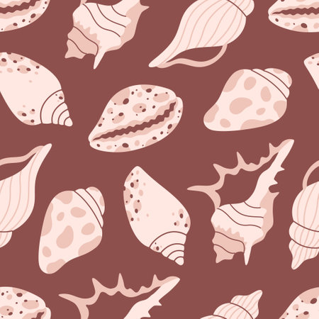 Seamless pattern with sea shells, mollusks, sea snails. Tropical beach shells. Summer seamless pattern. Vector illustration in flat styleのイラスト素材