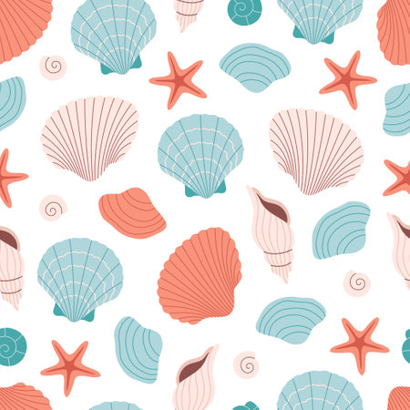 Seamless pattern with sea shells, mollusks, sea snails. Tropical beach shells. Summer seamless pattern. Vector illustration in flat styleのイラスト素材