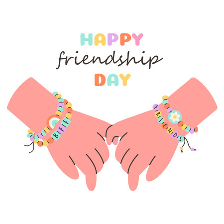 Happy Friendship Day greeting card. Kids holding by hands and wearing handmade friendship bracelets with plastic beads. Vector illustration in flat styleのイラスト素材