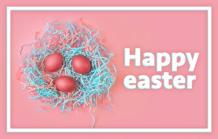 Design of banner with eggs and sing Happy easter
