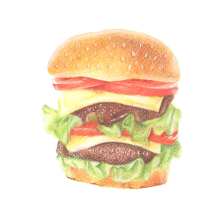 Watercolor and colored pencils hand drawn hamburger with cheese, tomatoes, and meat on white backgroundの写真素材