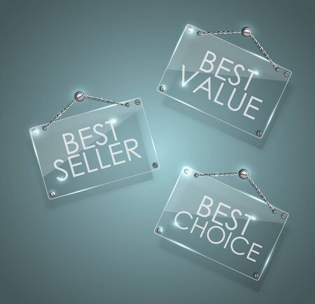 Best seller, best value and best choice signs with bright frame digital hanging with chain, vector illustration.のイラスト素材