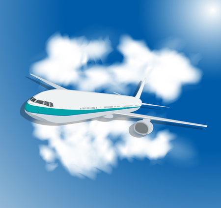 Travel background with an airplane and white clouds. Vector illustration.のイラスト素材