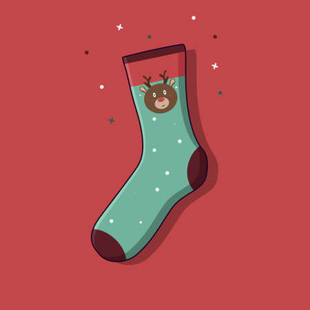 Flat vector illustration winter holidays concept. Cozy and warm sock with a Christmas deer. Traditional Christmas colors.のイラスト素材