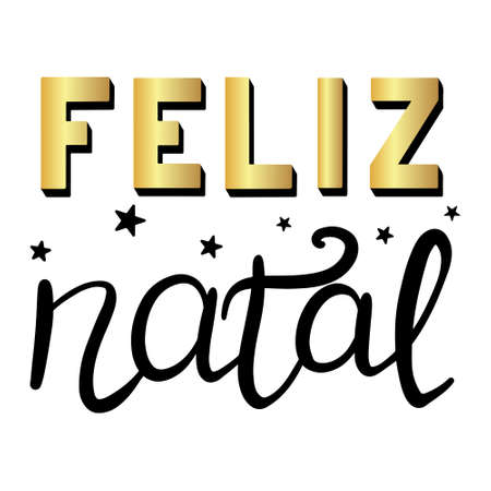Portuguese Merry Christmas - Feliz Natal. Hand drawn lettering with golden elements and stars isolated on white background.のイラスト素材