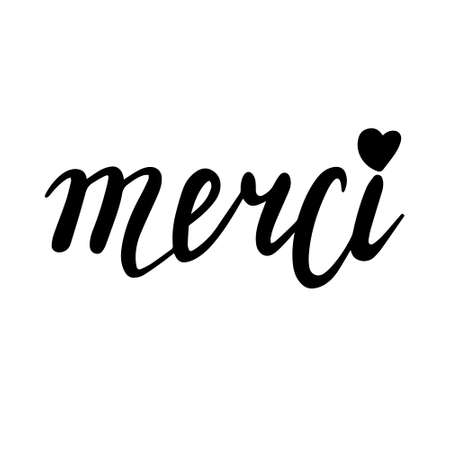 Merci word hand drawn faux calligraphy lettering. Merci word ink in black isolated on white background phrase for design.のイラスト素材