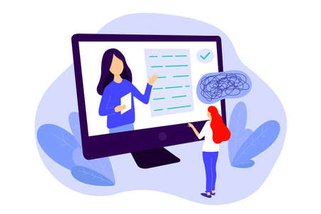 Online psychology consultation via internet concept. Remote psychological assistance flat style...