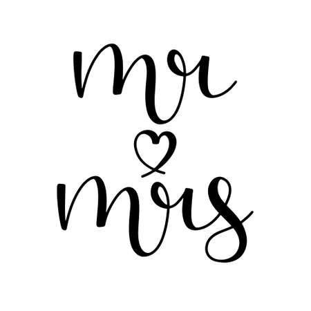 Mr and mrs hand drawn lettering ink in black with a heart shape isolated on white background. Script calligraphy vector illustration.のイラスト素材
