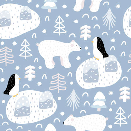 Cute winter seamless pattern with polar bear, Christmas tree, penguin doodles with abstract elements...