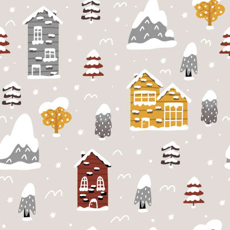 Cozy and warm seamless pattern with winter atmosphere: snowy houses and trees. Doodles in Scandinavian style vector illustration.のイラスト素材