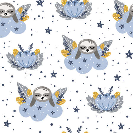 Cute nursery seamless pattern with sleeping sloth on a cloud with floral elements in Scandinavian style isolated on white background vector illustration for print and design.のイラスト素材