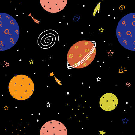 Cute nursery childish space seamless pattern with planets, stars, galaxies and abstract elements...