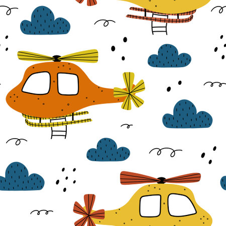 Helicopter seamless pattern with clouds and abstract elements around. Childish hand drawn Scandinavian style vector illustration.のイラスト素材
