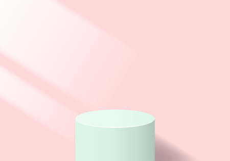 Abstract minimal design with 3d rendered mint podium and window light on a pink background. Realistic vector illustration for product design.のイラスト素材