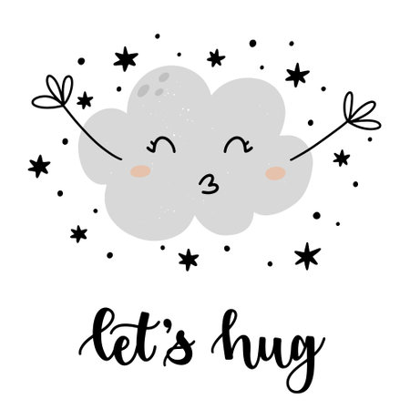 Cute cloud character illustration with stars around and let's hug quote isolated on white background. Scandinavian style hand drawn vector illustration.のイラスト素材