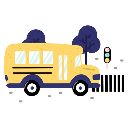 Childish school bus on a road with crosswalk, traffic lights and trees isolated on white background....