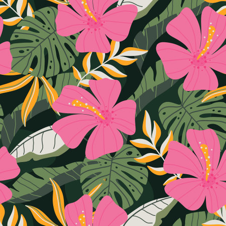 Tropical seamless pattern with colorful leaves, monstera leaves and hibiscus flower. Floral hand drawn seamless pattern perfect for textiles, fabrics or paper print.のイラスト素材