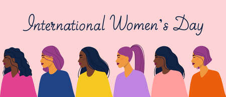 Happy women's day concept greeting card template with different ethnicity women. Colorful flat vector illustration for banner, card, postcard, invitation, flyer.のイラスト素材