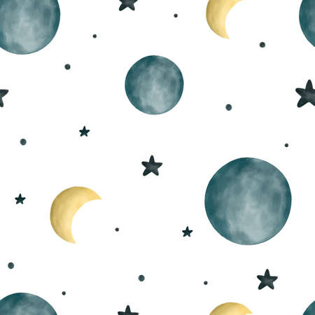 Cute space seamless pattern with moon, planets and stars in watercolor style. Hand drawn...