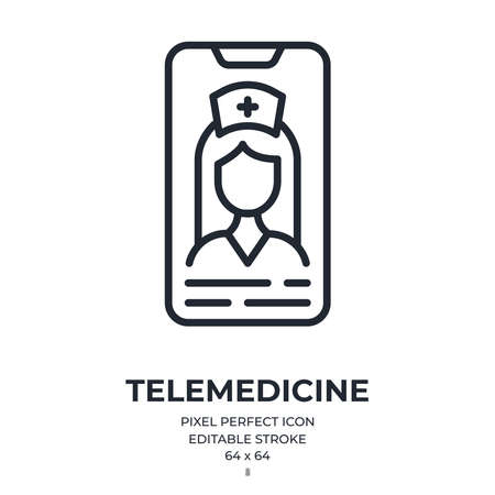 Virtual doctor and telemedicine concept editable stroke outline icon isolated on white background flat vector illustration. Pixel perfect. 64 x 64.のイラスト素材