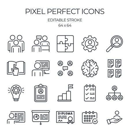 Internship, training and studying concept editable stroke outline icons set isolated on white background flat vector illustration. Pixel perfect. 64 x 64.のイラスト素材