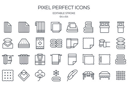 Line and home textile related editable stroke outline icons set isolated on white background flat vector illustration. Pixel perfect. 64 x 64.のイラスト素材