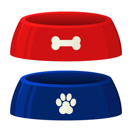 Pet food or water bowl in red and blue cartoon style vector illustration isolated on white background.のイラスト素材
