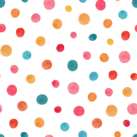Multicolor polka dot abstract seamless pattern isolated on white background with pink, yellow, blue, orange dots watercolor vector illustration.のイラスト素材