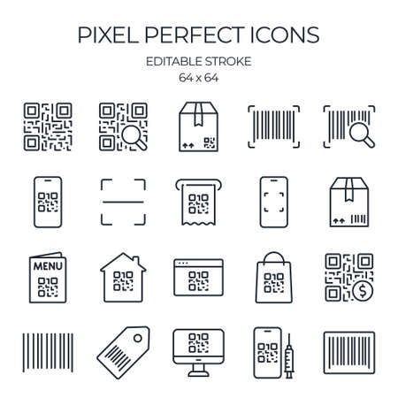 Barcode and Qr code scanning related editable stroke outline icons set isolated on white background flat vector illustration. Pixel perfect. 64 x 64.のイラスト素材