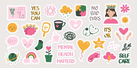Mental health, mind therapy, self care and love, compassion and positive thinking concept collection...
