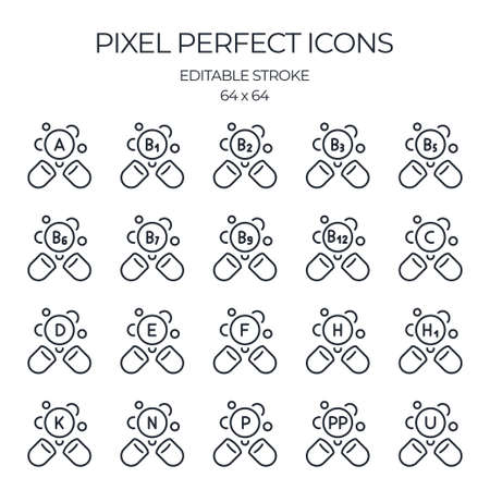 Vitamins A, B, C, D, E, F, K, H, N, P, PP and U editable stroke outline icons set isolated on white background flat vector illustration. Pixel perfect. 64x64.のイラスト素材