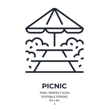 Outdoor picnic or barbecue concept editable stroke outline icon isolated on white background flat vector illustration. Pixel perfect. 64x64.のイラスト素材