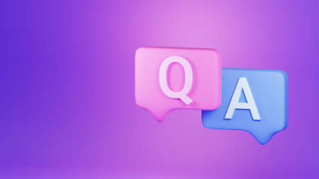 3d render question answer speech bubbles isolated on purple background illustration. Customer...