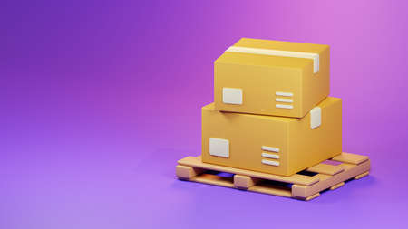 3d render cardboard box stack on wooden pallet isolated on purple background illustration. Warehouse and package delivery concept.の写真素材