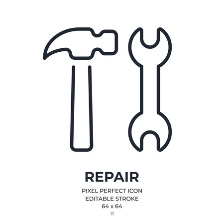 Hammer and wrench repair concept editable stroke outline icon isolated on white background flat vector illustration. Pixel perfect. 64x64.のイラスト素材